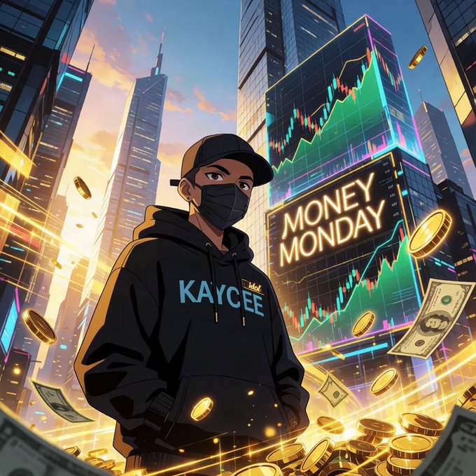 A masked character wearing a "KAYCEE" hoodie stands before a neon-lit cityscape with glowing "MONEY MONDAY" stock charts and floating coins, symbolizing financial optimism and crypto expectations for the week ahead.
