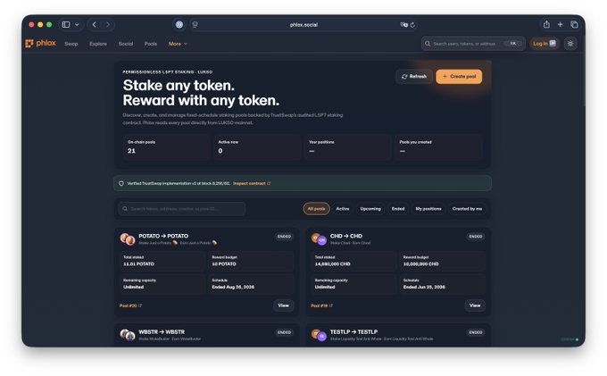 A screenshot of the phtix.social website showing a "Permissionless LBP Staking" page with active posts like 'POTATO → POTATO', 'CHD → CHD', 'WBSTR → WBSTR', and 'TESTLP → TESTLP'.