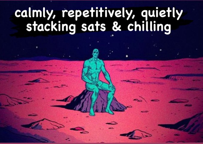 An illustration of Dr. Manhattan from Watchmen sitting on a rock on a pink planet, with text reading 'calmly, repetitively, quietly stacking sats & chilling'.