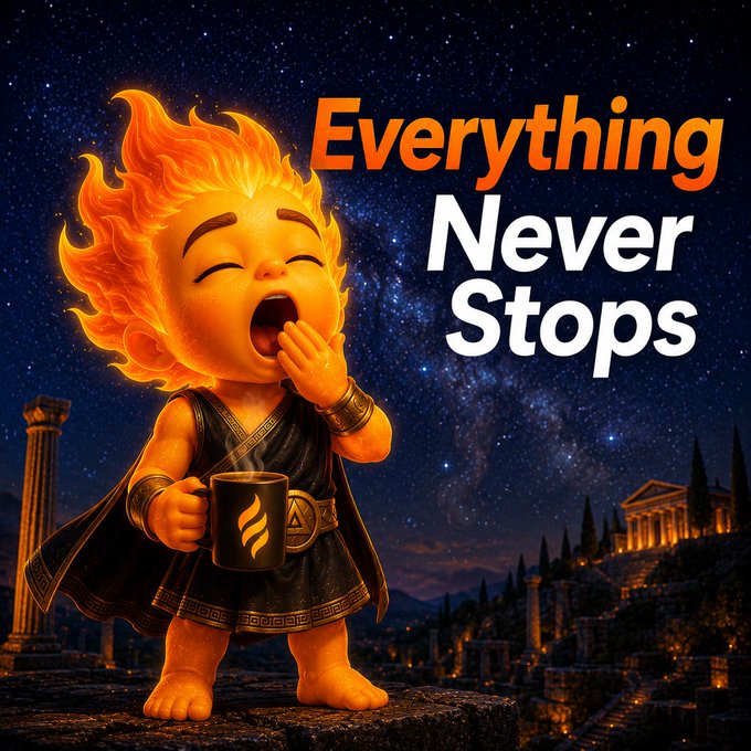 A cartoonish 3D character with a fiery flame-hair head yawns while holding a coffee mug, with the text 'Everything Never Stops' against a starry sky and ancient Greek ruins backdrop.