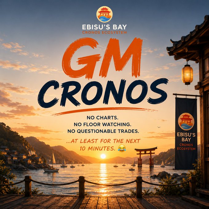 A promotional graphic for 'EBISU'S BAY CRONOS ECOSYSTEM' features the text 'GM CRONOS' and 'NO CHARTS. NO FLOOR WATCHING. NO QUESTIONABLE TRADES...' over a sunset coastal scene.