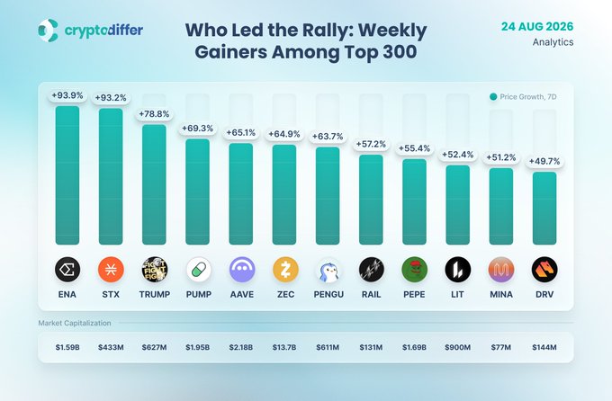 A 'cryptodiffer' analytics chart titled 'Who Led the Rally: Weekly Gainers Among Top 300' dated 24 AUG 2026, ranking coins like ENA (+93.9%), STX (+93.2%), and TRUMP (+78.8%) by 7-day price growth.
