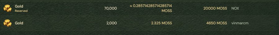 A game interface showing gold currency transactions: 70,000 gold exchanging to approximately 0.286 MOSS (20,000 MOSS for NOX) and 2,000 gold to 2.325 MOSS (4,650 MOSS for vinmarcm).