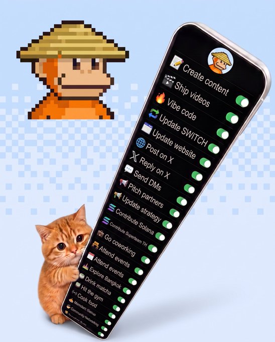 A humorous meme featuring a pixelated farmer character and an orange kitten holding a giant smartphone displaying a checklist of creator activities like 'Create content,' 'Ship videos,' and 'Hit the gym.'