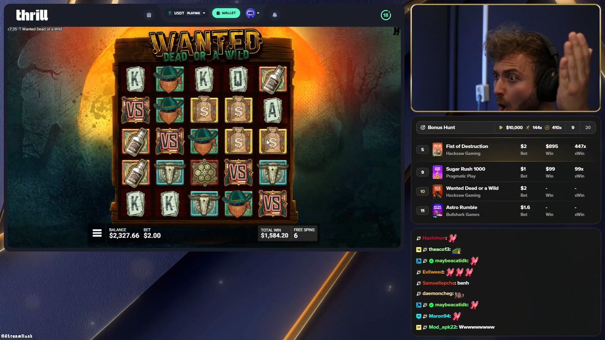 A streamer reacts excitedly on a slot stream titled "Wanted Dead or a Wild," where the screen shows a $2.00 bet on Hacksaw Gaming's game with a current $1,584.20 win from 6 free spins, illustrating the wild bonus round progression that turned a small wager into a massive payout.