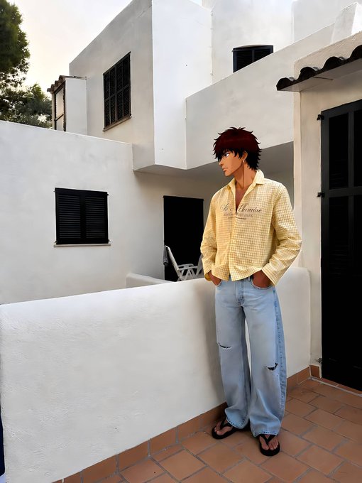 A young man with dark red hair stands on a sunlit Mediterranean-style terrace, wearing a cream-colored jacket with "Lëonce" text, ripped light-wash jeans, and flip-flops. The relaxed, fashion-forward pose paired with the casual "gm" greeting sets a chill, effortless morning vibe fitting for a style-focused day ahead.