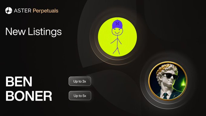 Aster Perpetuals promotional banner for new listings, featuring 'BEN' and 'BONER' with leverage options of 'Up to 3x' and 'Up to 5x' alongside a stick figure logo and a classical bust wearing sunglasses.