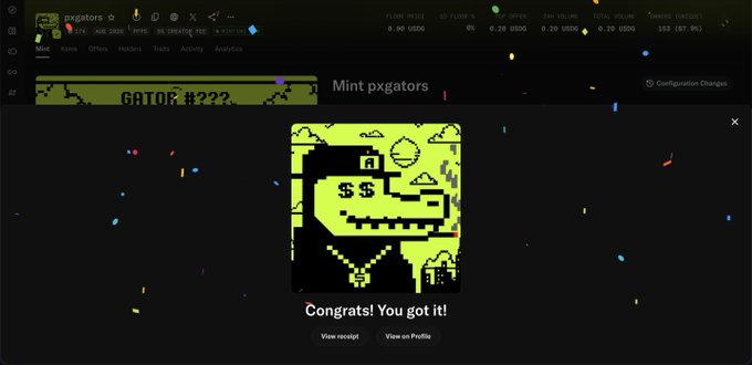 A screenshot of a website for 'pxgtators' showing a successful NFT mint confirmation with the message 'Congrats! You got it!' next to a pixelated green dinosaur graphic.