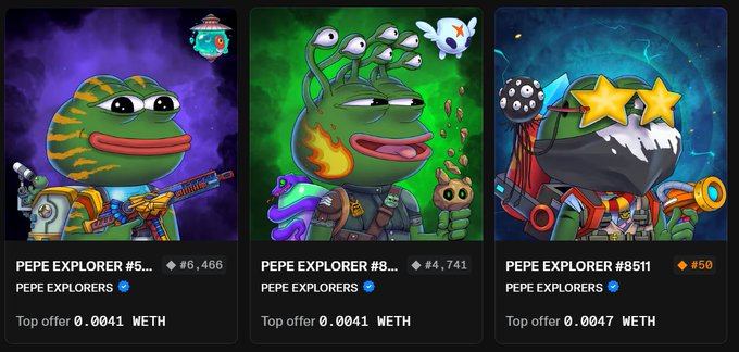 Three Pepe Explorer NFTs are displayed with distinct themed artwork (musician, flame-headed, star-eyed), ranging from #466 to #8511, each listed with top offers of 0.0041-0.0047 WETH, showcasing the user's personal collection of limited Pepe Explorer characters.