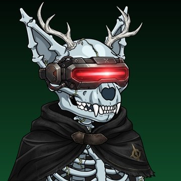 A digital illustration of a skeletal figure with deer antlers, wearing dark goggles with glowing red lenses and a tattered black cloak against a dark green background.