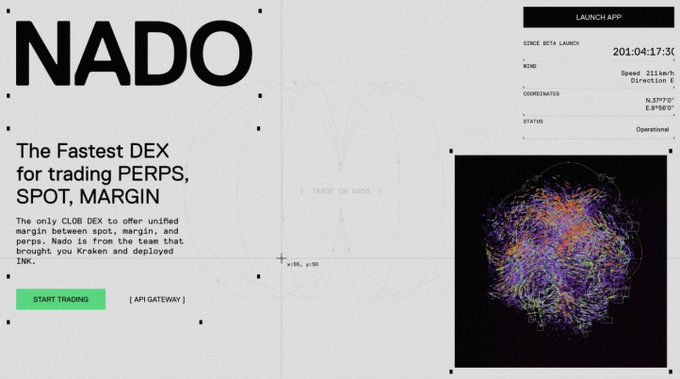 A promotional graphic for 'NADO' describing it as 'The Fastest DEX for trading PERPS, SPOT, MARGIN', noting it is the only CLOB DEX to offer unified margin, brought by Kraken team, with a 'START TRADING' button.