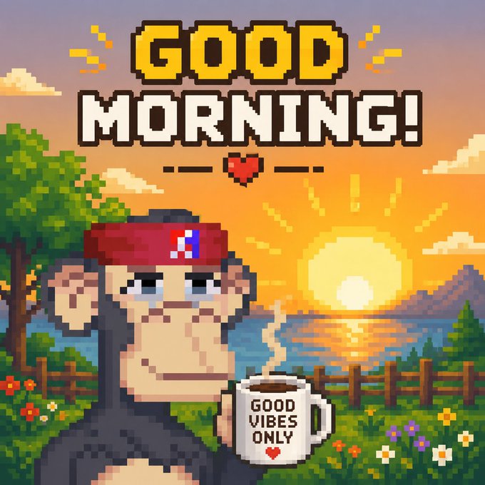 Pixel art 'Good Morning!' image showing a monkey in a red cap holding a 'Good Vibes Only' coffee mug, with a sunrise, ocean, and flower garden in the background.