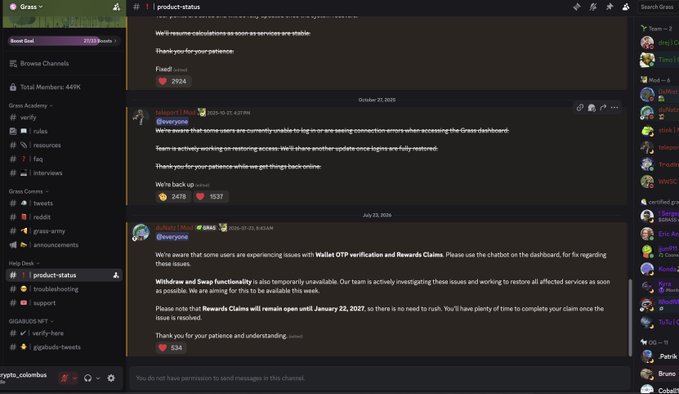 A Discord server interface showing the Grass community with announcements about service outages and income calculation suspensions.