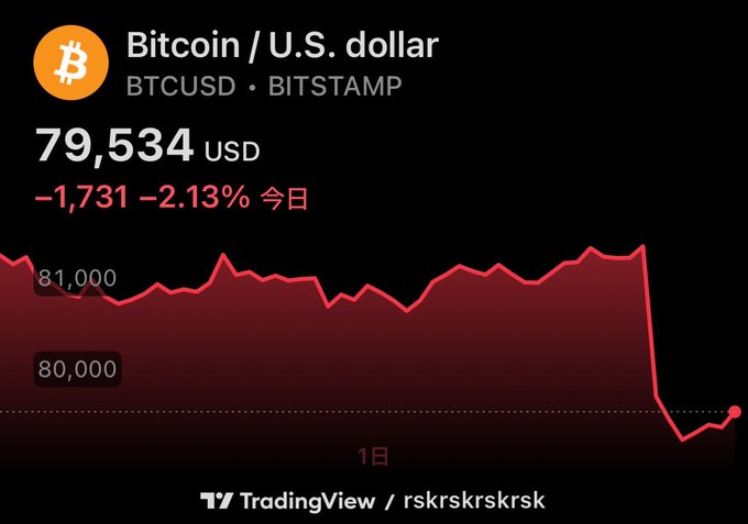 A TradingView chart showing Bitcoin/USD (BTCUSD on BITSTAMP) at 79,534 USD, down 2.13% (-1,731) for the day, with a red downward trend line.