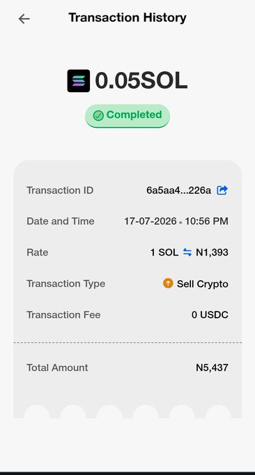 A transaction history screen showing a completed sale of 0.05 SOL at a rate of 1 SOL = ₦1,393, totaling ₦5,437, dated 17-07-2026 at 10:56 PM.
