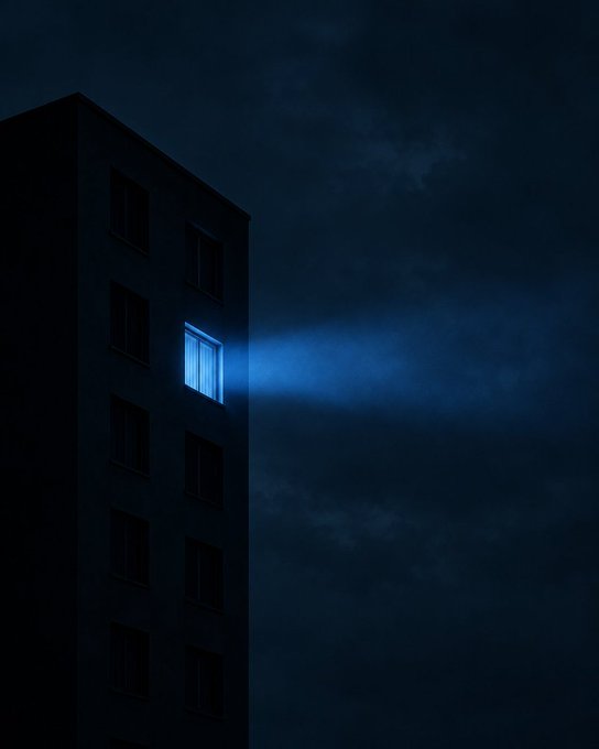 A solitary illuminated window pierces the darkness of a tall building at night, its glowing beam cutting through the quiet blue-black sky—visually echoing the relentless "24/7 grind" that continues even as the rest of the world sleeps.