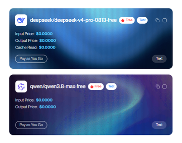 Two AI model listings on a platform, both marked free: 'deepseek/deepseek-v4-pro-0813-free' and 'qwen/qwen3.8-max-free', both showing $0.0000 pricing with Pay as You Go buttons.