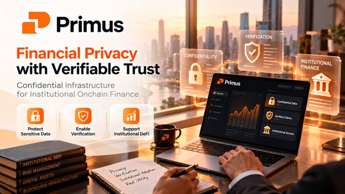 A promotional banner for 'Primus' advertises 'Financial Privacy with Verifiable Trust' and 'Confidential Infrastructure for Institutional Onchain Finance,' featuring icons for data protection and verification, alongside a person working on a laptop displaying the Primus dashboard.