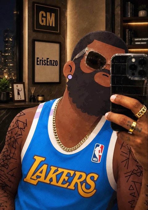 An illustrated avatar of a bearded man wearing sunglasses and a blue NBA Lakers jersey, taking a mirror selfie with an iPhone in a room with framed pictures including 'GM' and 'ErisEnzo'.