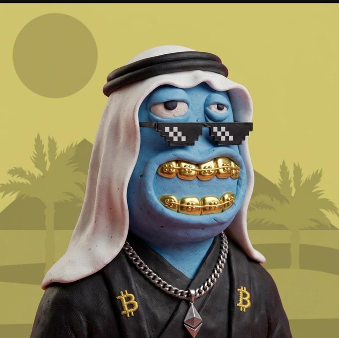 3D rendered character with a blue face, pixelated sunglasses, gold grills, a white keffiyeh, and a Bitcoin logo on its black robe, set against a yellow background with palm trees.