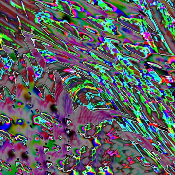 An abstract, distorted digital image featuring vibrant swirls of pink, green, blue, and black with a wavy, glitch-like texture.