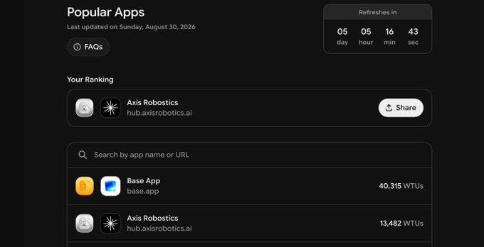 A dark-themed digital dashboard titled 'Popular Apps' displays a ranking list featuring 'Axis Robotics' and 'Base App', along with a countdown timer for refreshing data.