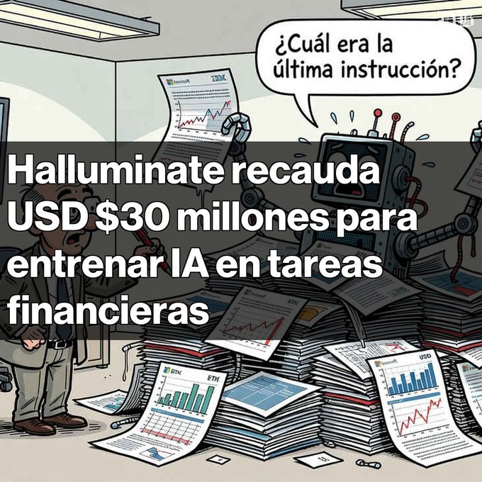 A cartoon illustration of a robot and a man in an office filled with financial charts, with Spanish text 'Halluminate recauda USD $30 millones para entrenar IA en tareas financieras'.