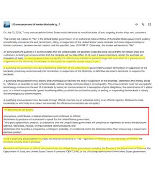 A red-highlighted section of a U.S. government statement announces that "If a qualifying announcement is made, the market will resolve to 'Yes' regardless of whether it is later reversed or whether the blockade actually ends in practice."