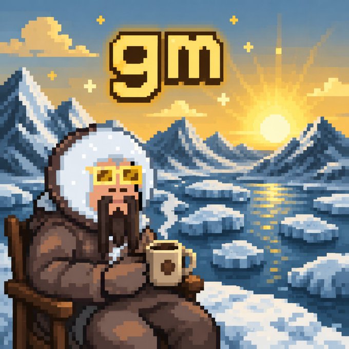 A pixel-art style illustration of a bearded man in winter clothing and yellow sunglasses sitting in a chair holding a mug, with '9M' displayed at the top, set against a snowy mountain landscape with a sunset.