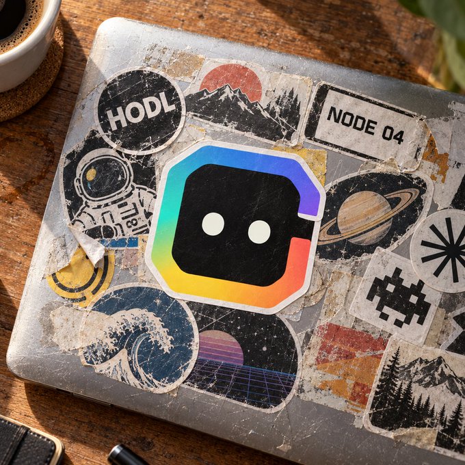 A weathered laptop is plastered with stickers featuring the text "HODL" and "NODE 04," alongside a stylized robot logo, mountains, planets, and retro 80s grid designs—visually embodying the "sticker economy" culture seen in crypto and tech communities. The collage of worn, peeling stickers mirrors the idea of a "fully diluted" scene, where countless distinct tags cover nearly every inch of surface space.