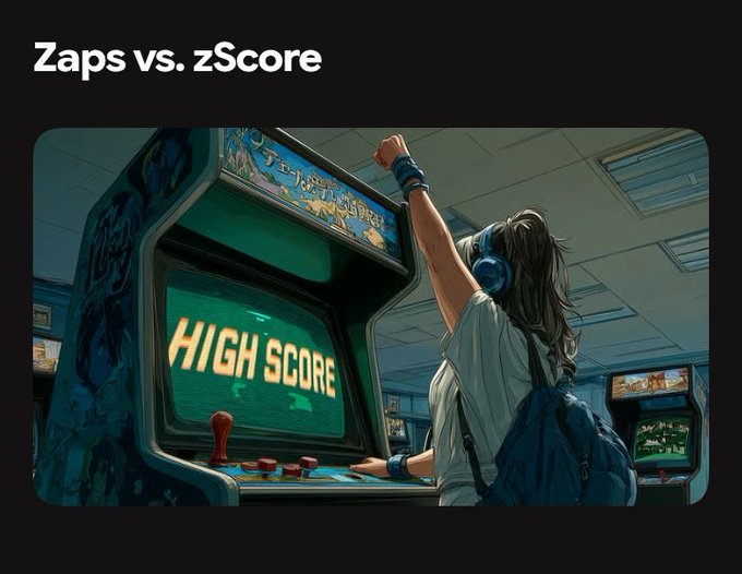An illustrated graphic titled "Zaps vs. zScore" depicts a girl with headphones triumphantly raising her fist at an arcade cabinet displaying "HIGH SCORE."