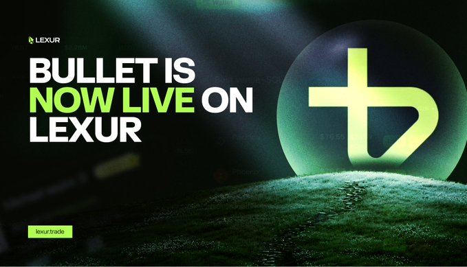 A promotional graphic with a dark, textured background features bold white and green text reading "BULLET IS NOW LIVE ON LEXUR" alongside a glowing green Lexur "L" logo and the tagline "lexur.trade," announcing the integration of Bullet's full trading suite—including BTC, SOL, gold, oil, TSLA, and US500—on the Lexur platform.