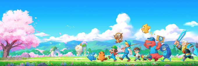 The image features a cartoon scene of a group of people walking down a path, with some characters carrying balloons. The background shows a beautiful landscape with mountains and trees under a blue sky dotted with clouds. The caption for the image reads "Summer starts now on @Ronin_Network The @AxieInfinity ecosystem is heating up this June: - Atia’s Legacy MMO PvP playtest - Terrariums (lands) See you in the arena".