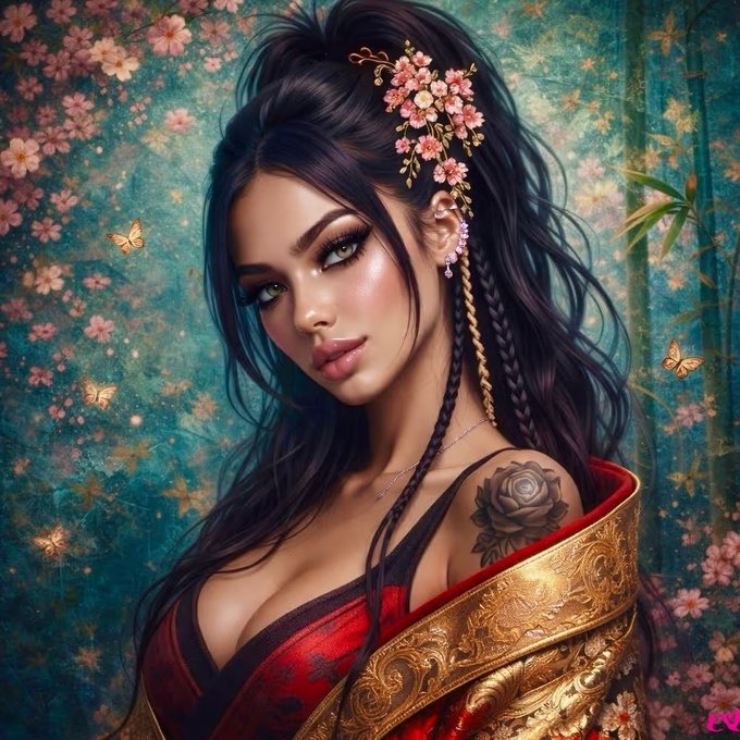 A detailed digital illustration depicts a woman with dark hair adorned with pink cherry blossoms, wearing a red and gold garment that leaves a rose tattoo on her shoulder visible against a backdrop of bamboo and butterflies.