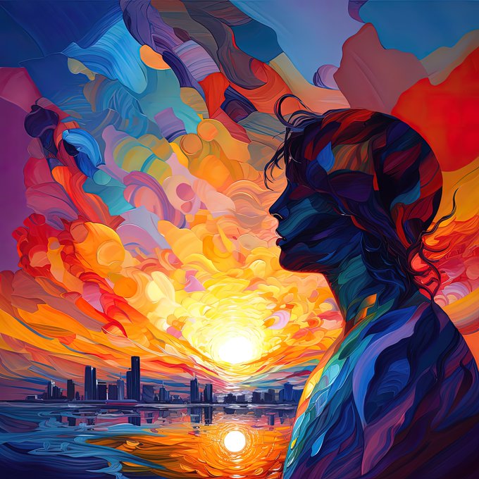 A vibrant, colorful digital painting in an impressionistic style depicting a woman's profile silhouette gazing at a glowing sunset over a city skyline reflected in water.