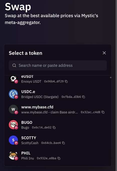 A 'Swap' interface screen showing a token selection menu with options including eUSDT (Enosys USDT), USDC.e (Bridged USDC Stargate), www.mybase.cfd, BUGO, SCOTTY (ScottyCash), and PHIL (Phili Inu), along with their contract addresses.