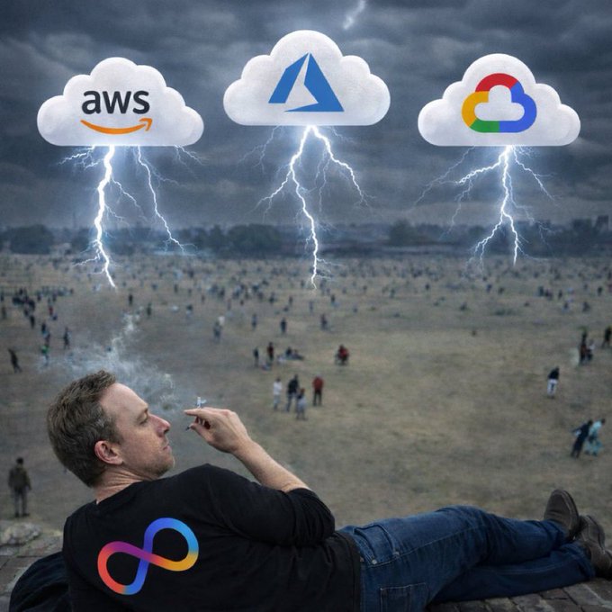 A meme showing a man in an Infinity logo shirt relaxing and smoking while storm clouds with AWS, Azure, and Google Cloud logos rain lightning bolts over a crowd of people.