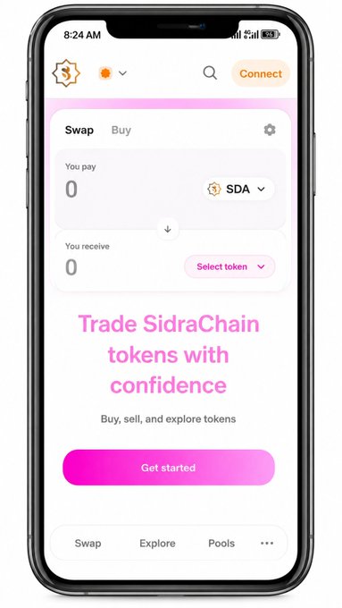 A smartphone displays the SidraChain DEX interface with a "Trade SidraChain tokens with confidence" message, featuring Swap and Buy tabs, SDA token selection, and a "Get started" button—aligning with the post's note that the SidraDex update is visible on the platform but still awaiting final deployment.