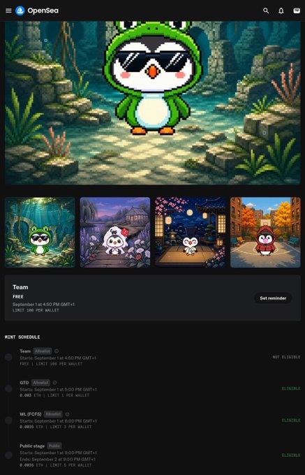 An OpenSea NFT minting page for a penguin character collection, showing a green penguin avatar and a mint schedule with team, GTO, WL (FOGO), and Public stages priced at 0.0015 ETH per wallet.