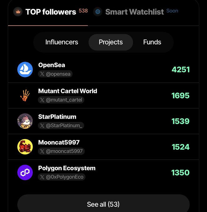A mobile app interface titled 'TOP followers' displays a list of influencer accounts including OpenSea (4251), Mutant Cartel World (1695), StarPlatinum (1539), Mooncat5997 (1524), and Polygon Ecosystem (1350), with a 'See all (53)' button at the bottom.