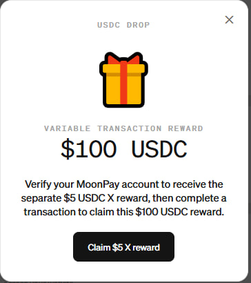 A promotional pop-up offers a "USDC DROP" of $100 USDC as a variable transaction reward, requiring users to verify their MoonPay account and complete a transaction to claim it, with a button to "Claim $5 X reward." The image reflects the post's frustration about the project's tedious multi-step claiming process, where even a modest $5 reward demands excessive verification steps just for the sake of checking.