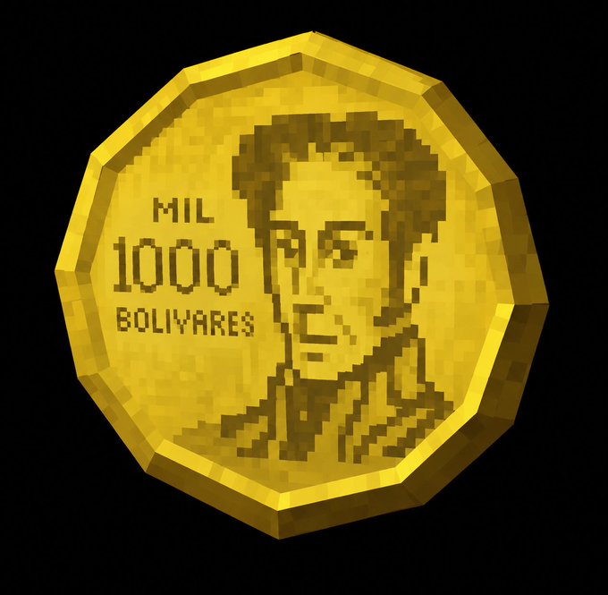 A gold-colored 11-sided coin (hendecagonal polygon) featuring a pixelated portrait of a man and the text 'MIL 1000 BOLIVARES', set against a black background.