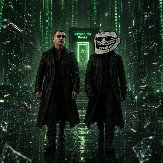 Two trench-coated figures walk through a digital Matrix-style realm of falling green code and suspended bullets, with a neon "Return to Memes" doorway behind them—visually echoing the $TROLL meme coin post by pairing a serious cinematic pose with the grinning trollface mask as a playful taunt.