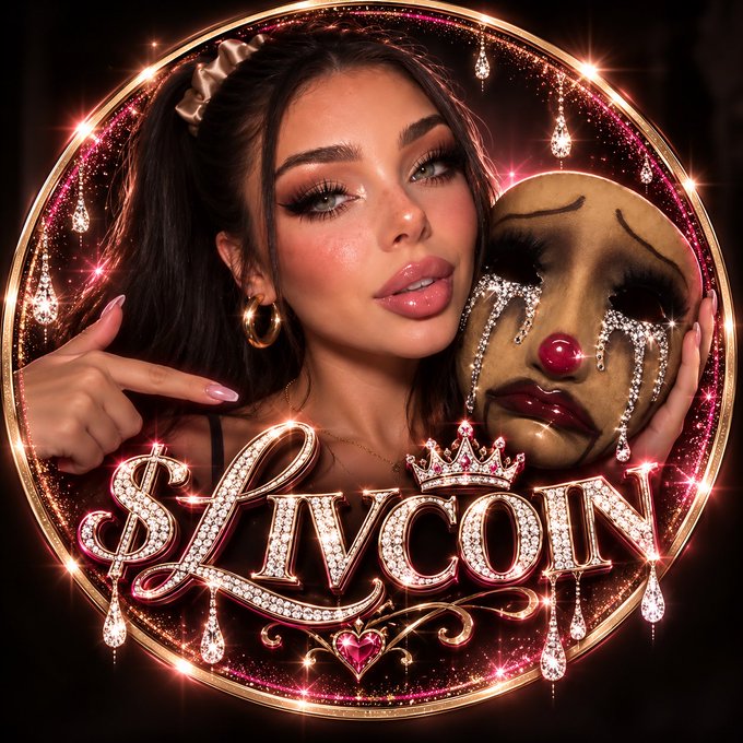 A glamorous cover photo featuring a woman holding a tearful, jewel-encrusted clown mask, with the text "$LIVCOIN" displayed prominently in diamond-studded lettering with a crown, perfectly matching the "No crying in the casino" theme of the $LIVCOIN post.