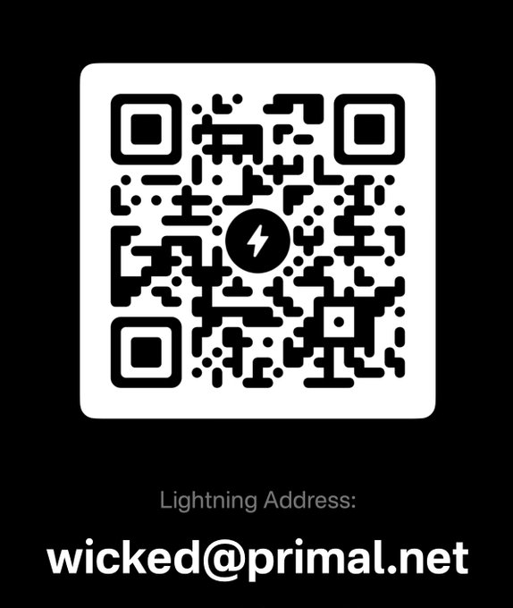 A black and white QR code for a Lightning Network payment address, with the text 'Lightning Address: wicked@primal.net' displayed below.
