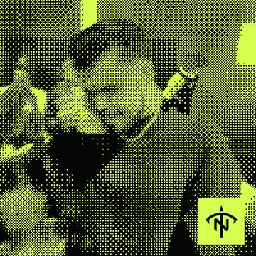 A stylized yellow and black halftone filtered image of a person, possibly a musician, with a logo featuring the letters 'NN' in a circular design in the bottom right corner.