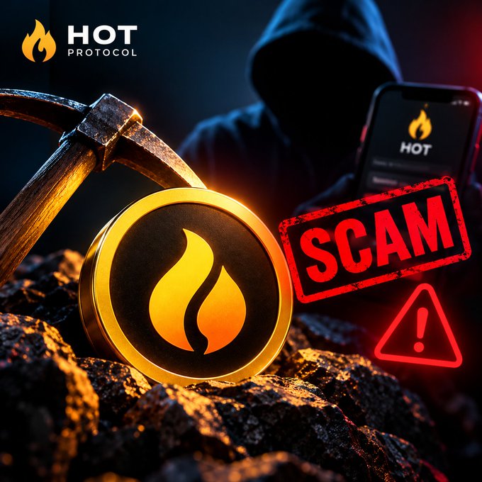 A warning image for 'HOT Protocol' showing a gold coin with a flame logo next to a pickaxe, a shadowy hooded figure holding a phone, and a prominent red 'SCAM' stamp with an exclamation warning triangle.