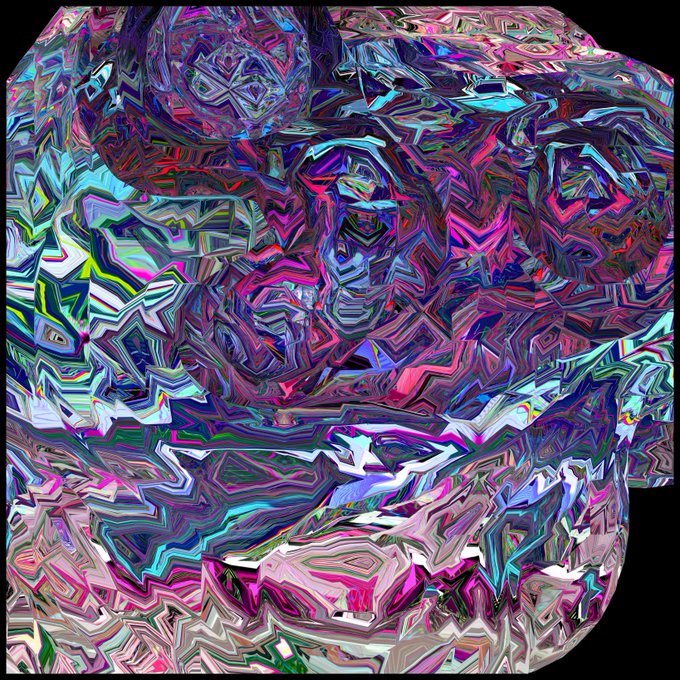 An abstract, psychedelic digital artwork with swirling, jagged patterns in vibrant colors of pink, purple, blue, and green, creating a distorted 3D effect.