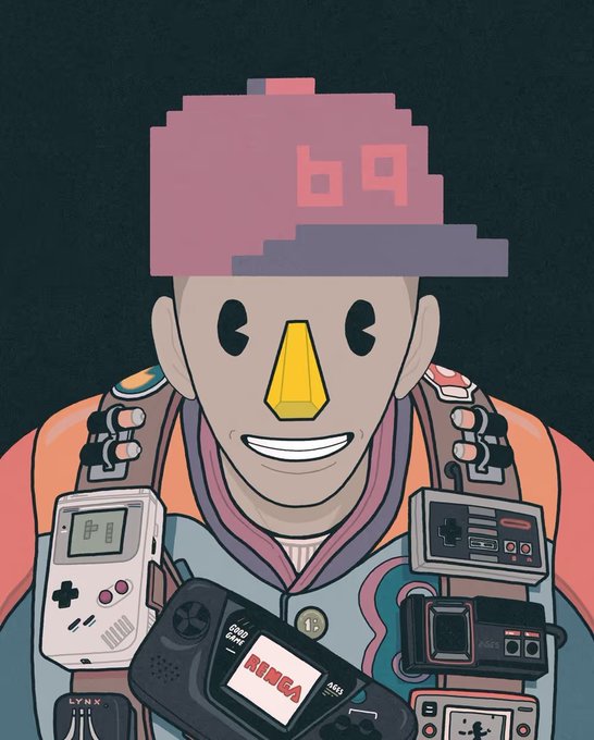 A digital illustration depicts a smiling character wearing a pixelated cap with '69' displayed on it, surrounded by various retro gaming devices including a Game Boy, a Sega Game Gear, a Sega Genesis, and a Lynx console.