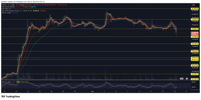 A TradingView candlestick chart for BTC/USD on Coinbase (1-hour timeframe) shows Bitcoin trading around $76,308 after a failed vote, with price testing the first support level near $74,730, consistent with the expected knee-jerk dip followed by a bounce.